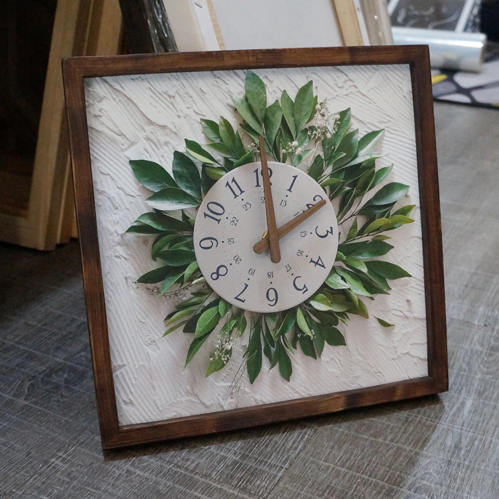 Leaf Bouquet Canvas Art Wall Clock 13" x 13" - Vintage Style Wood Frame with Cotton Canvas