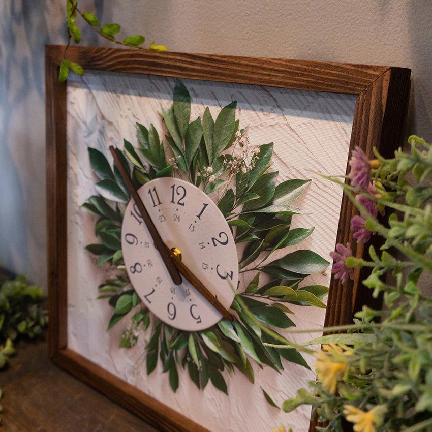 Leaf Bouquet Canvas Art Wall Clock 13" x 13" - Vintage Style Wood Frame with Cotton Canvas