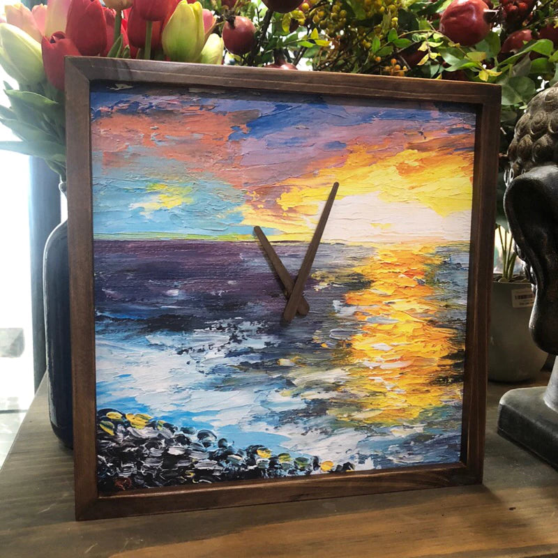 Sunset on Sea Art Print Quartz Wall Clock 13" x 13" - Vintage Style Wood Frame with Cotton Canvas