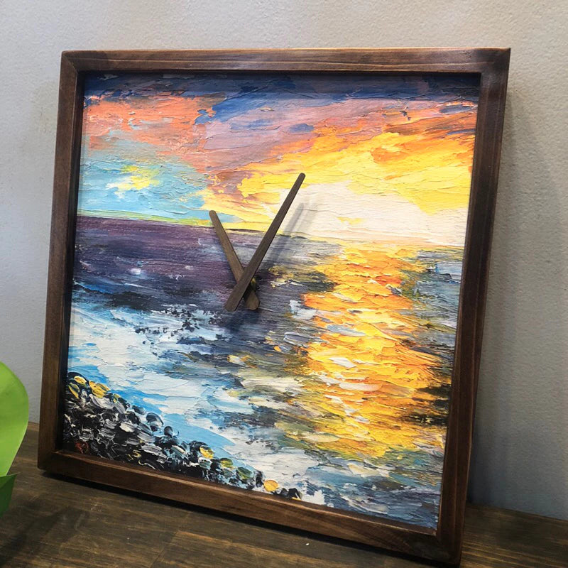 Sunset on Sea Art Print Quartz Wall Clock 13" x 13" - Vintage Style Wood Frame with Cotton Canvas