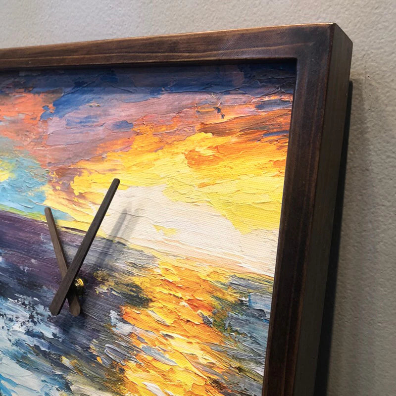 Sunset on Sea Art Print Quartz Wall Clock 13" x 13" - Vintage Style Wood Frame with Cotton Canvas