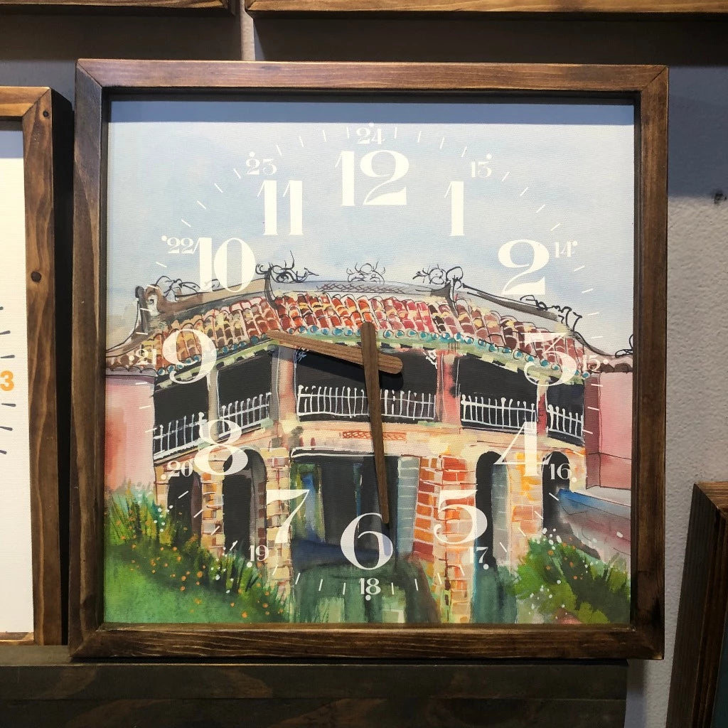 Hoi An Bridge Pagoda Quartz Wall Clock 13" x 13" - Vintage Style Wood Frame with Cotton Canvas