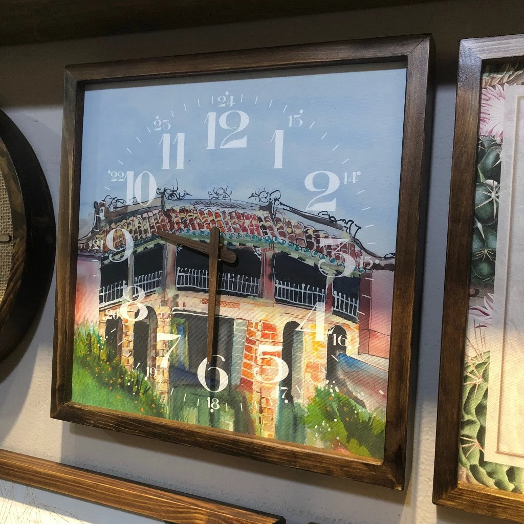 Hoi An Bridge Pagoda Quartz Wall Clock 13" x 13" - Vintage Style Wood Frame with Cotton Canvas