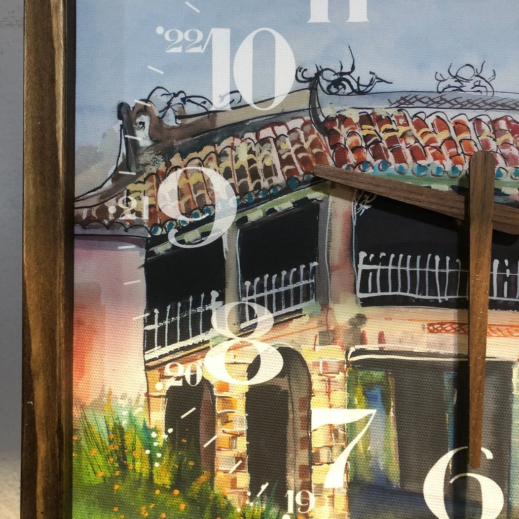Hoi An Bridge Pagoda Quartz Wall Clock 13" x 13" - Vintage Style Wood Frame with Cotton Canvas