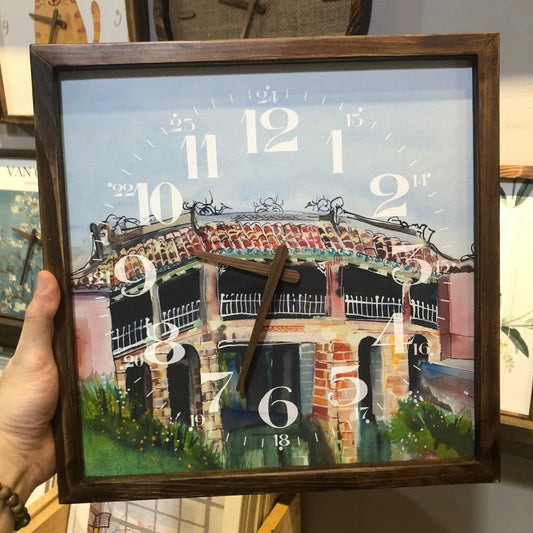 Hoi An Bridge Pagoda Quartz Wall Clock 13" x 13" - Vintage Style Wood Frame with Cotton Canvas