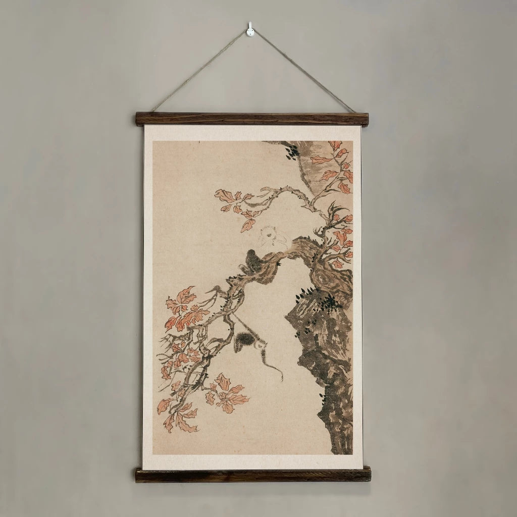 Autumn Tree with Monkeys Scroll Hanging Wall Art - Vintage Style Hanging Cotton Canvas
