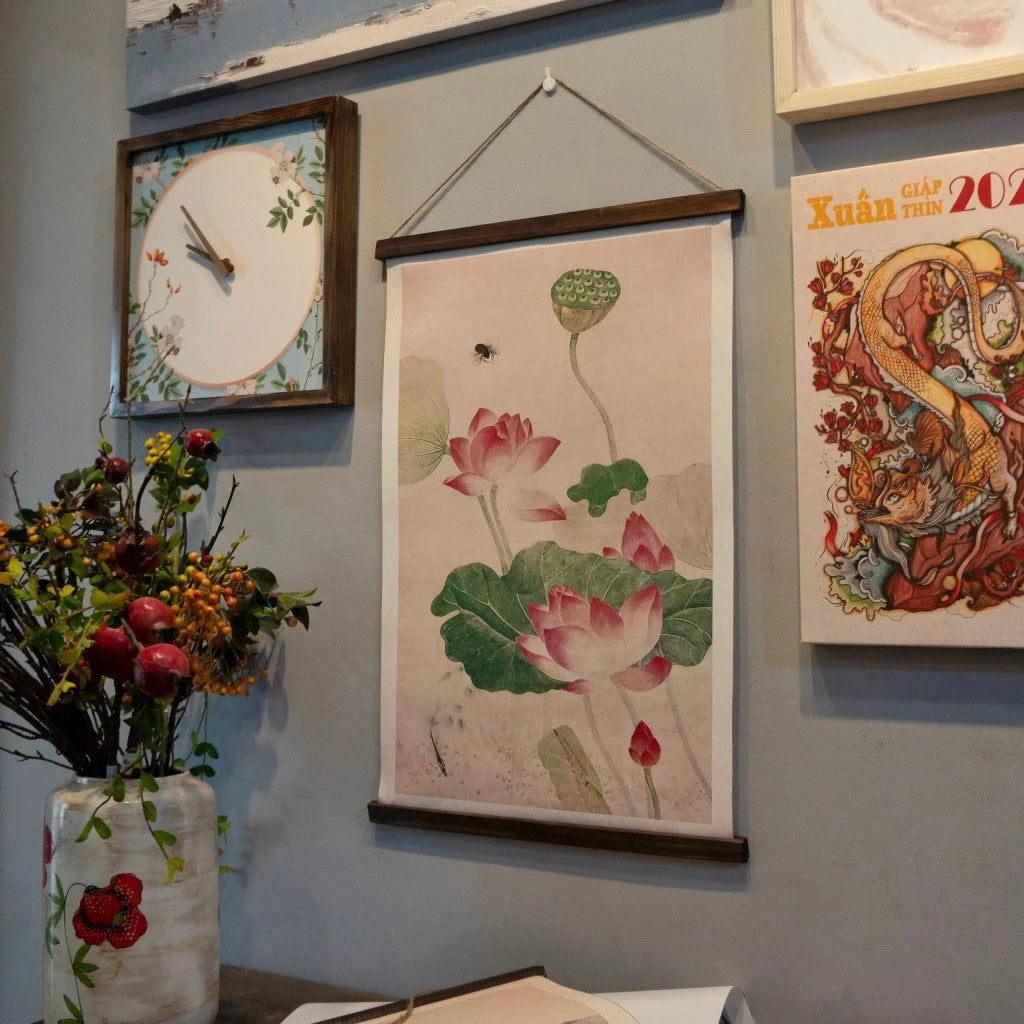 The Lotus Scroll Hanging Wall Art - Vintage Style Hanging Cotton Canvas