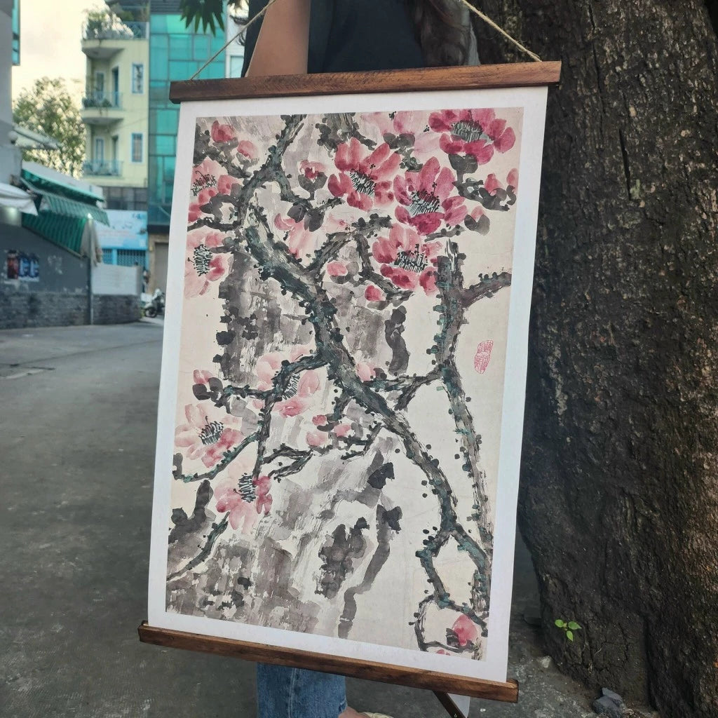 Cherry Blossom Scroll Hanging Wall Art - Vintage Style Hanging Cotton Canvas