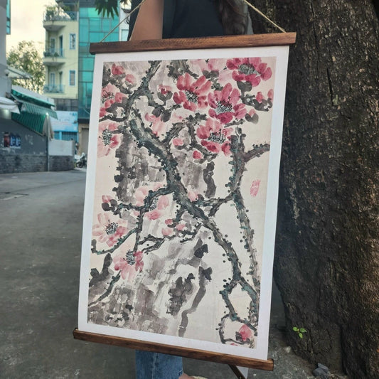 Cherry Blossom Scroll Hanging Wall Art - Vintage Style Hanging Cotton Canvas