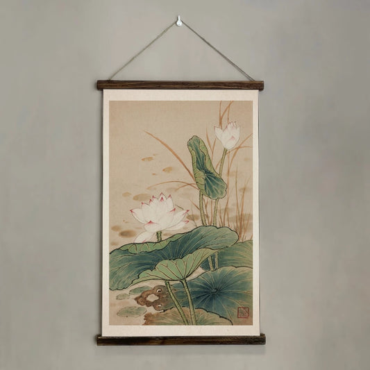 Japanese Water Lillies Scroll Hanging Wall Art - Vintage Style Hanging Cotton Canvas