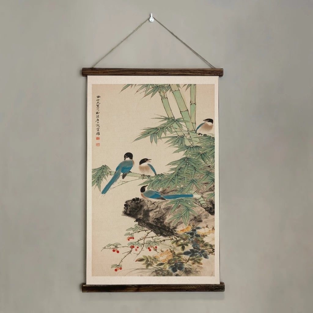 Birds on Bamboo Hanging Wall Art - Vintage Style Hanging Cotton Canvas