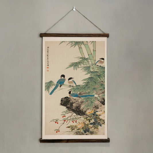 Birds on Bamboo Hanging Wall Art - Vintage Style Hanging Cotton Canvas