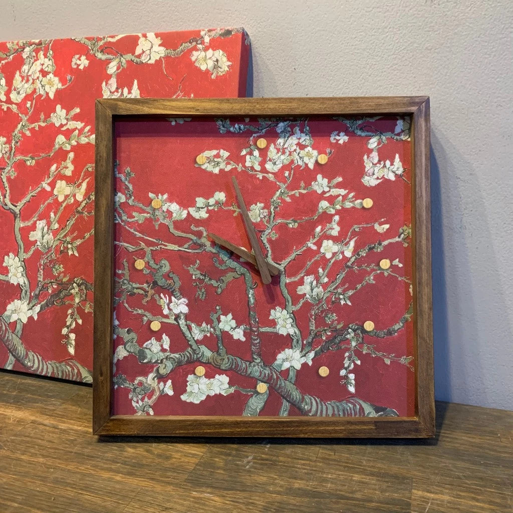 Flower Canvas Art Wall Clock 13" x 13" - Vintage Style Wood Frame with Cotton Canvas