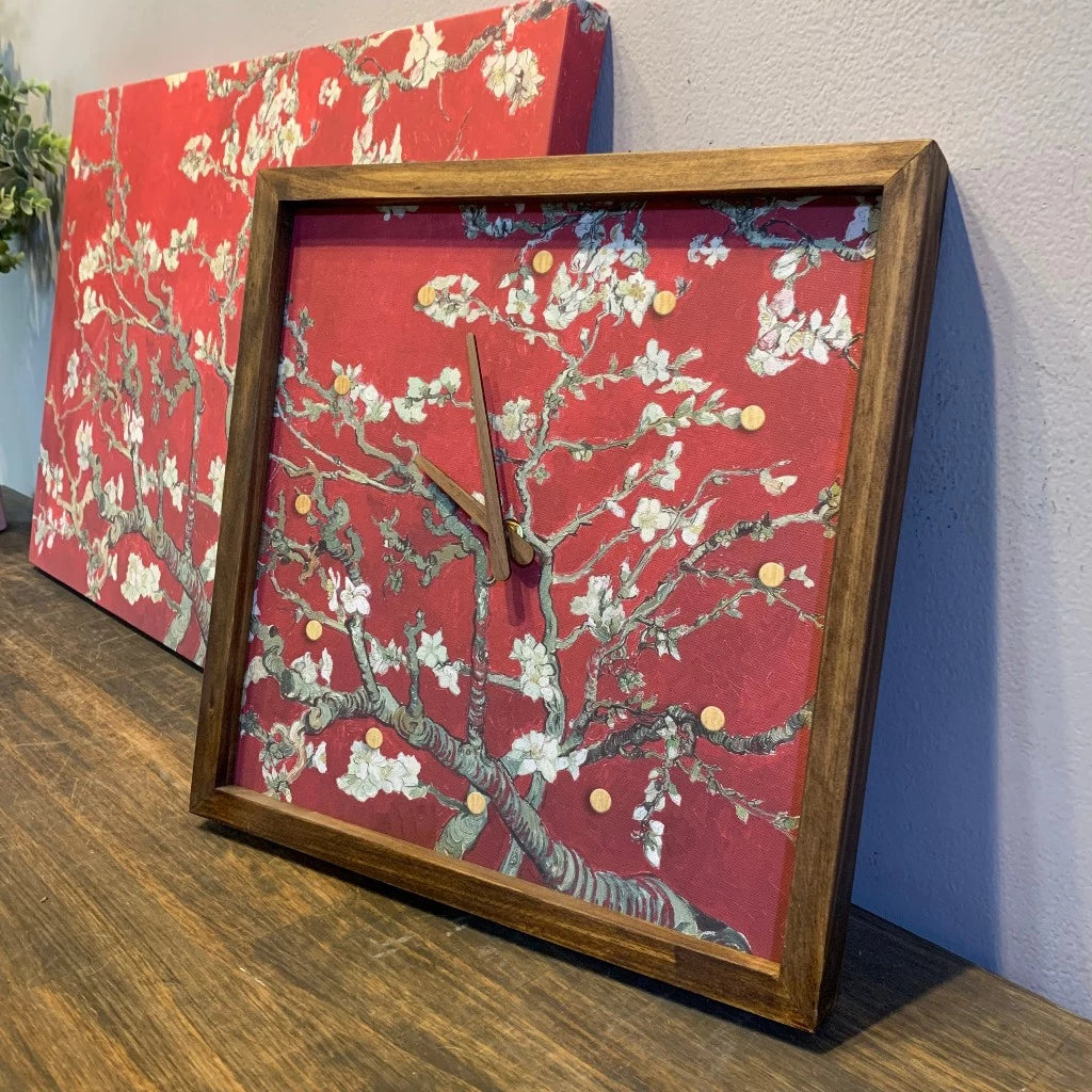 Flower Canvas Art Wall Clock 13" x 13" - Vintage Style Wood Frame with Cotton Canvas