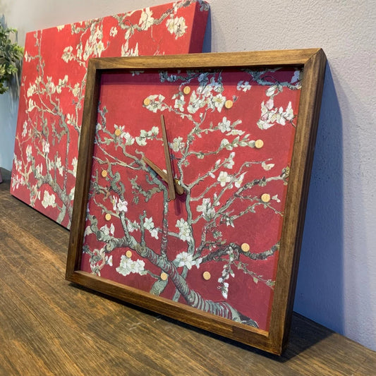 Flower Canvas Art Wall Clock 13" x 13" - Vintage Style Wood Frame with Cotton Canvas