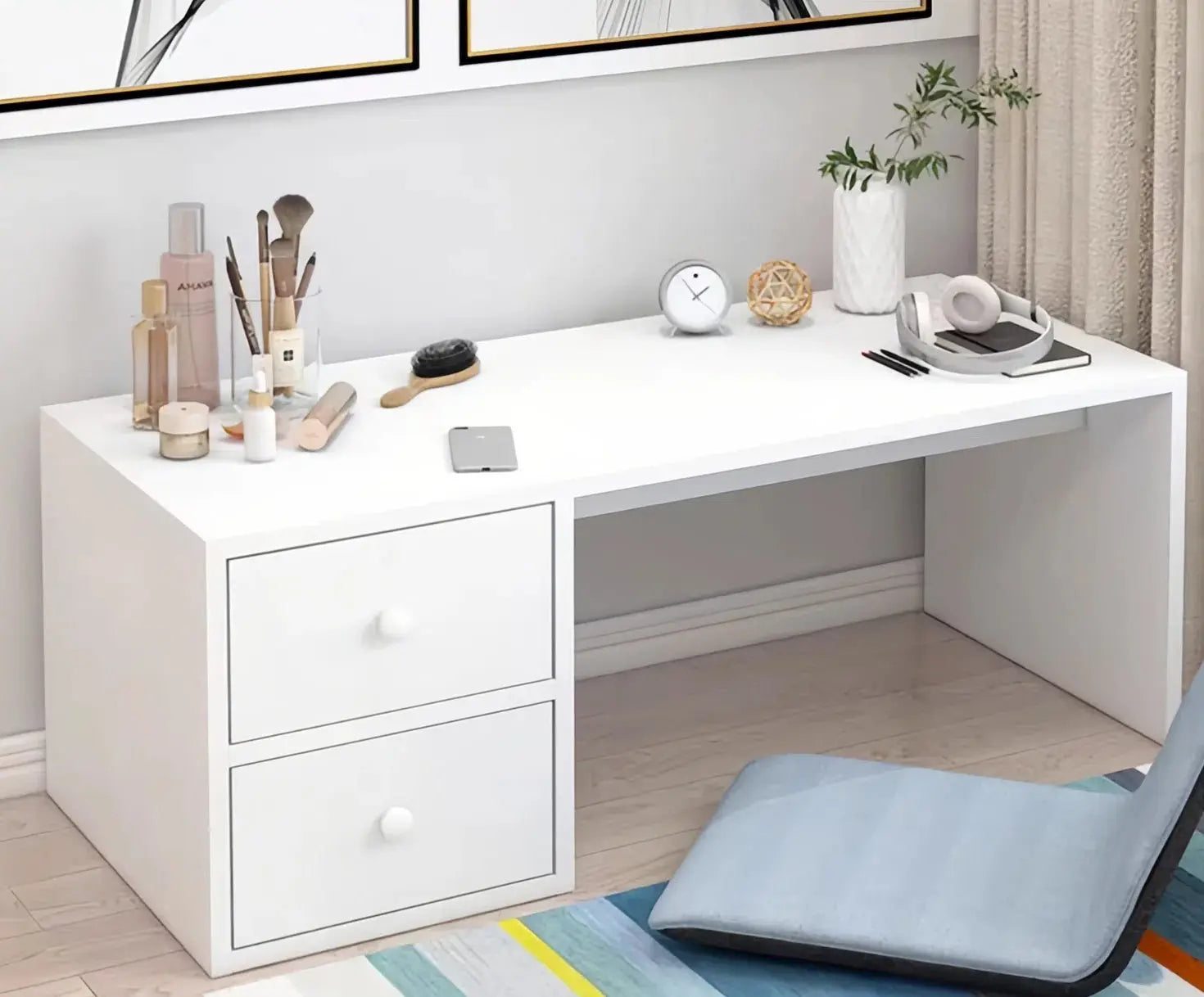 Modern Low Vanity Desk with Drawers – Floor Makeup and Dressing Table, Compact Space-Saving Design for Bedroom, Apartment, or Dorm Room Kikbo