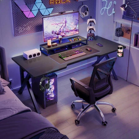 Ergonomic Gaming Desk with Headphone & Cup Holder – 47" Sturdy Z-Leg Workstation for PC Setup, Console Accessories