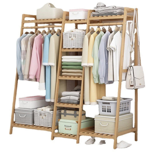 3-Compartment Wooden Clothes Rack, Natural Pine Wardrobe Storage Organizer with Hanging Rods and Shelves – 59.1 x 13.8 x 59.1 in (150 x 35 x 150 cm)
