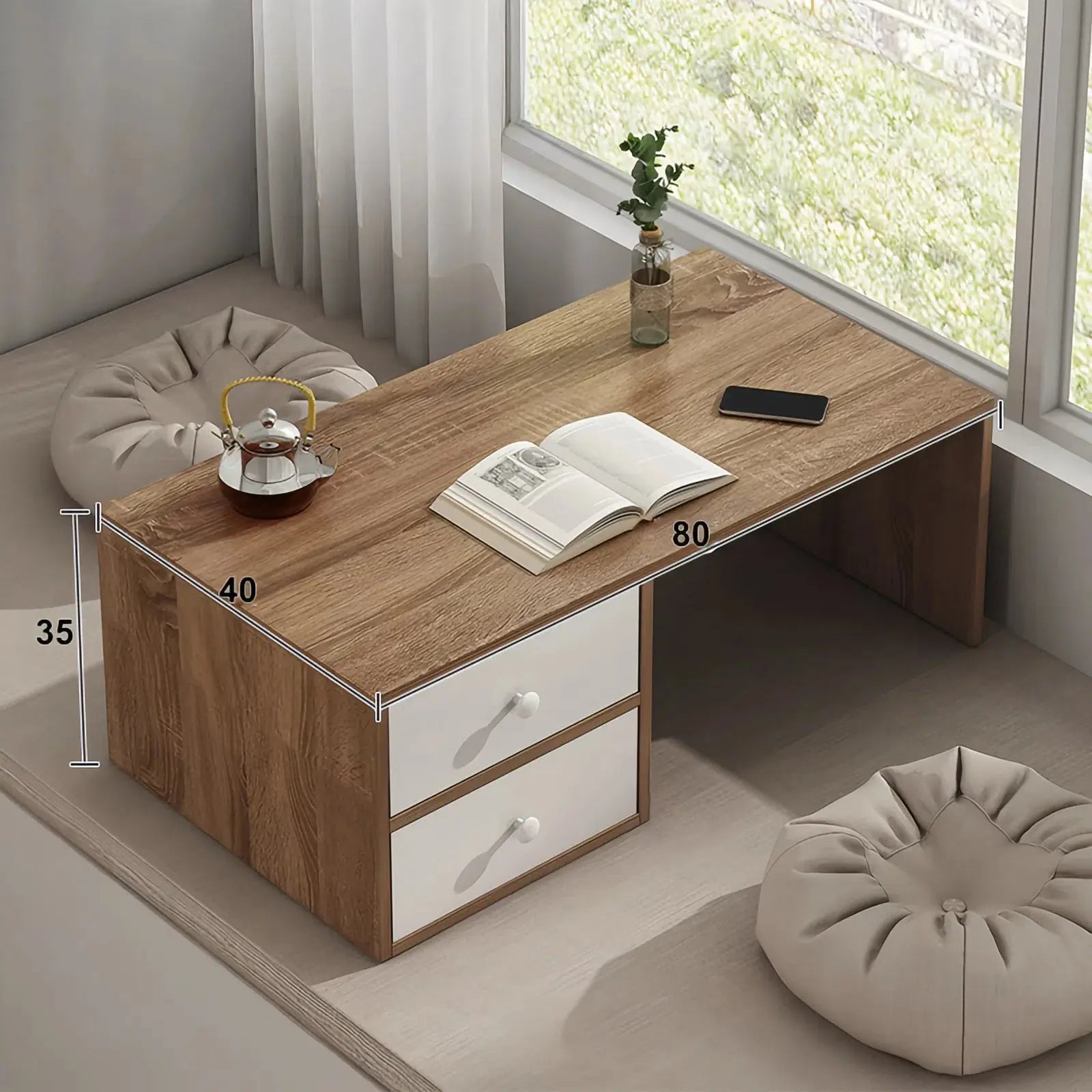 Modern Low Vanity Desk with Drawers – Floor Makeup and Dressing Table, Compact Space-Saving Design for Bedroom, Apartment, or Dorm Room Kikbo