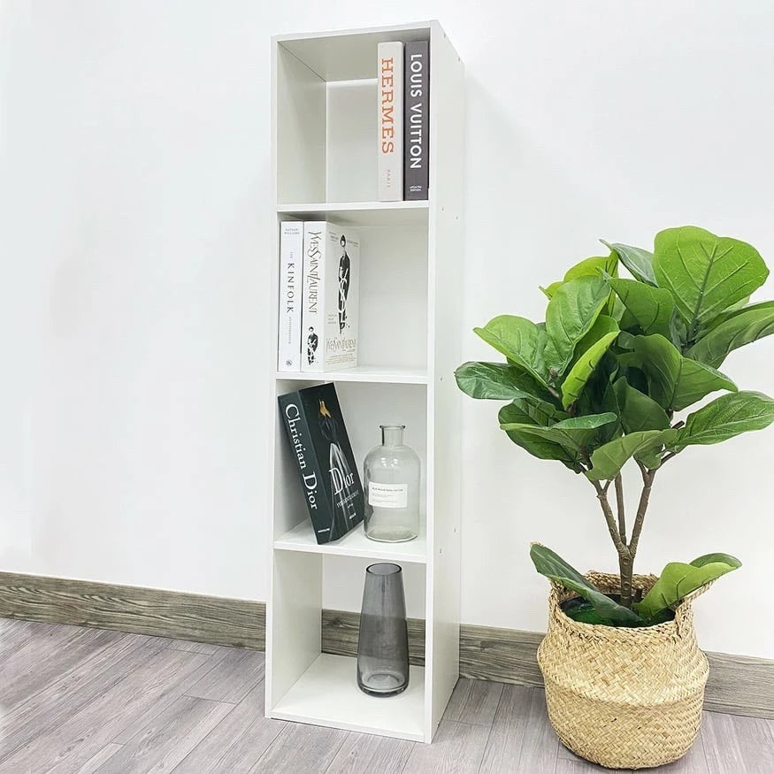4-Cube Vertical Wooden Bookshelf – White Standing Storage Shelf for Books or Decor, 11.8 x 9.4 x 35.4 in (30 x 24 x 90 cm)