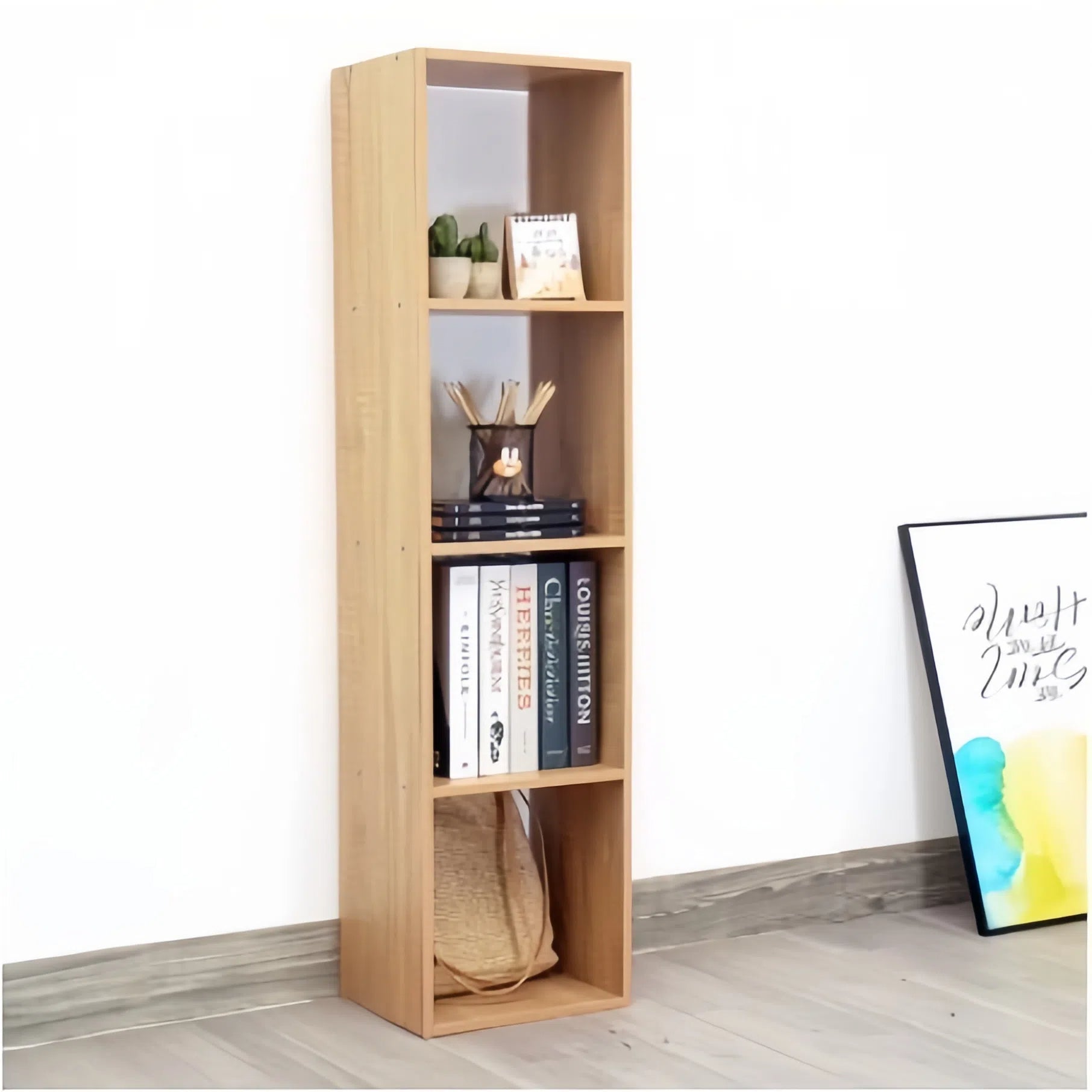 4-Cube Vertical Wooden Bookshelf – White Standing Storage Shelf for Books or Decor, 11.8 x 9.4 x 35.4 in (30 x 24 x 90 cm)