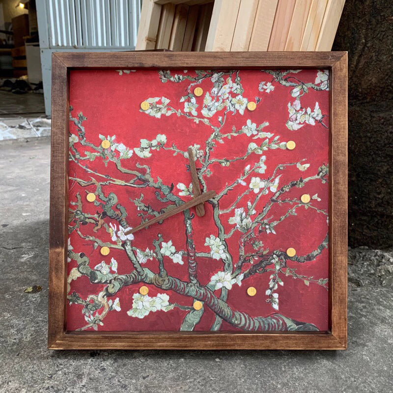 Flower Canvas Art Wall Clock 13" x 13" - Vintage Style Wood Frame with Cotton Canvas