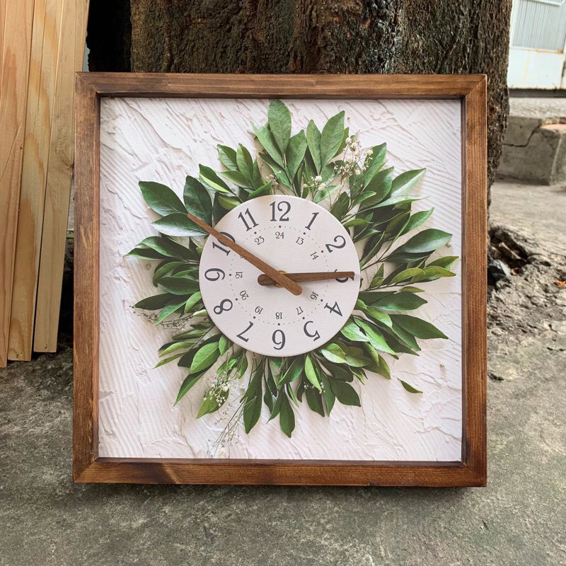 Leaf Bouquet Canvas Art Wall Clock 13" x 13" - Vintage Style Wood Frame with Cotton Canvas
