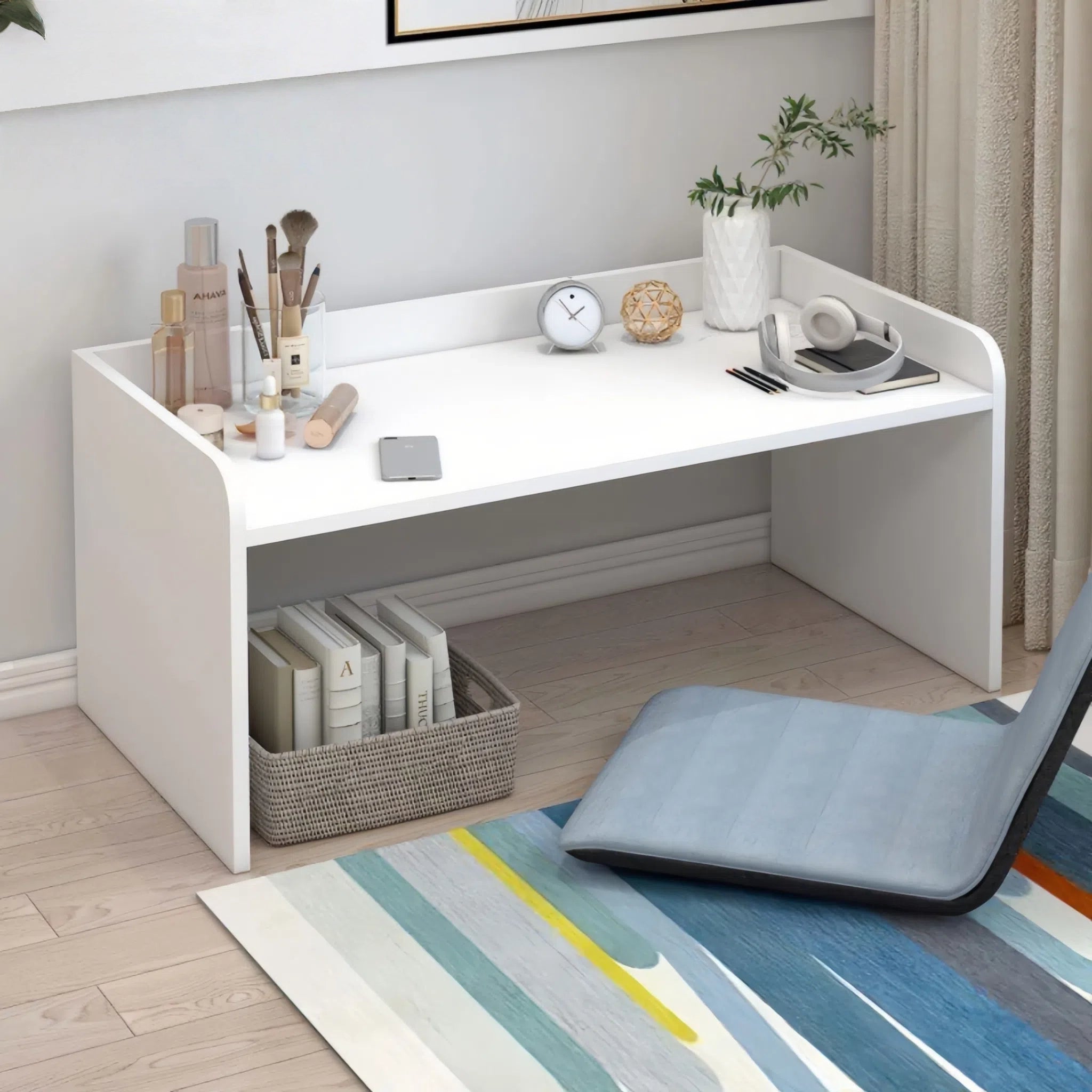 Minimalist Floor Vanity Table – Low Wooden Desk without Drawers, Space-Saving Makeup & Study Table for Bedroom