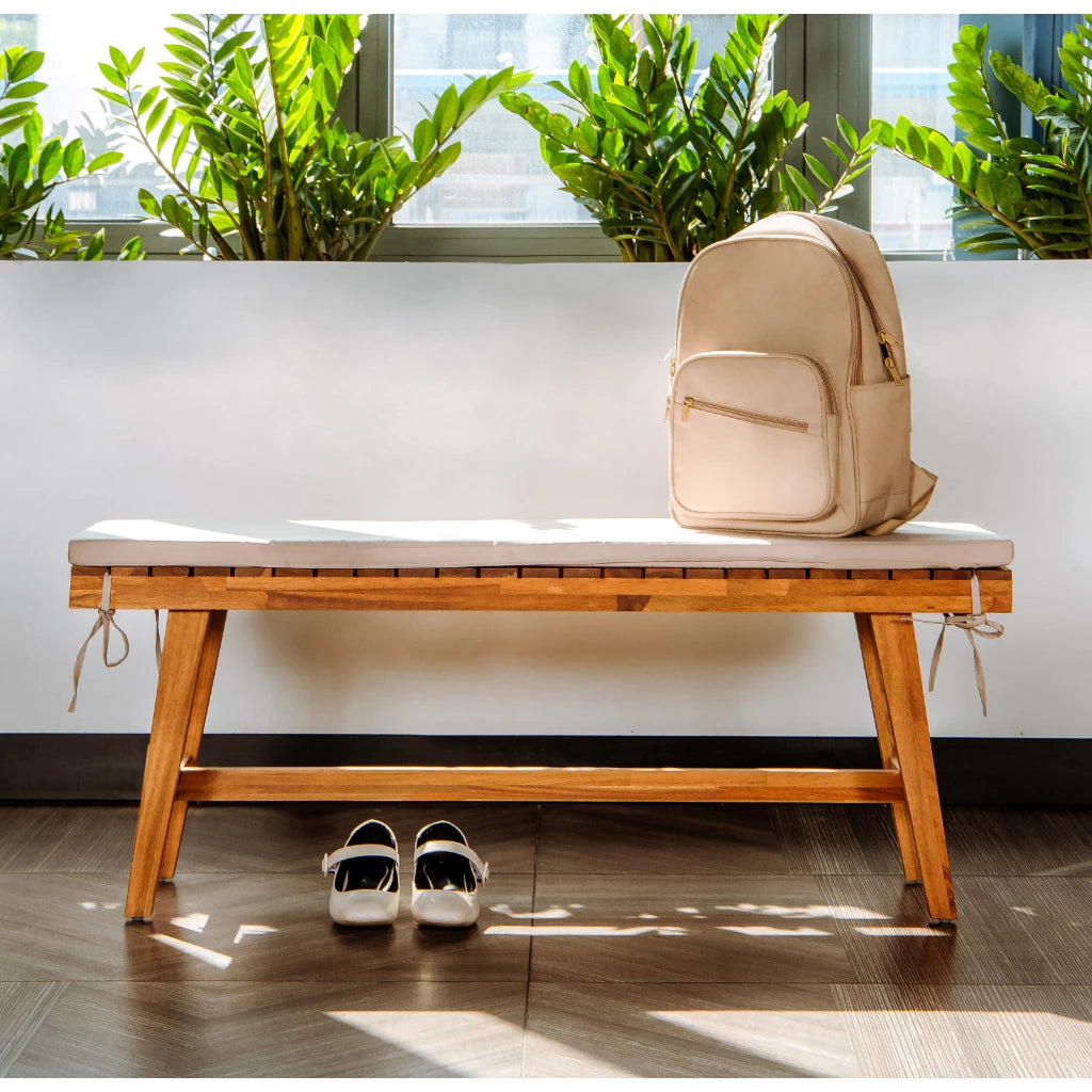 Outdoor Wooden Patio Bench with Cushion – Natural Wood Garden and Entryway Seating for Porch, Balcony