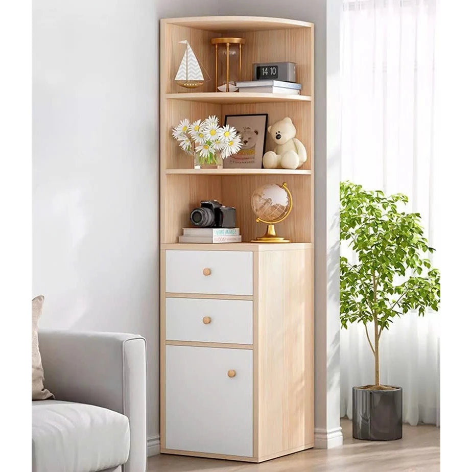 40 units Space-Saving Corner Bookshelf with Storage Cabinet – Compact Wooden Bookcase for Living Room or Bedroom, 9.4 x 9.4 x 51.2 in (24 x 24 x 130 cm)