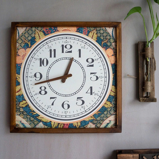 Floral Embroidery Print Wall Clock 13" x 13" - Vintage Style Wood Frame with Cotton Canvas