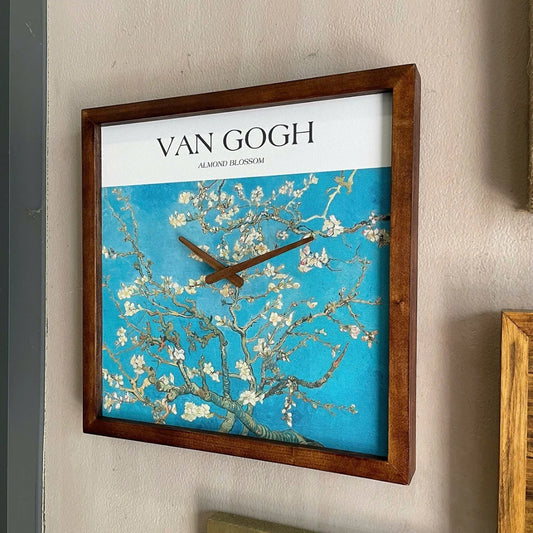 Almond Blossom by Van Gogh Art Wall Clock 13" x 13" - Vintage Style Wood Frame with Cotton Canvas