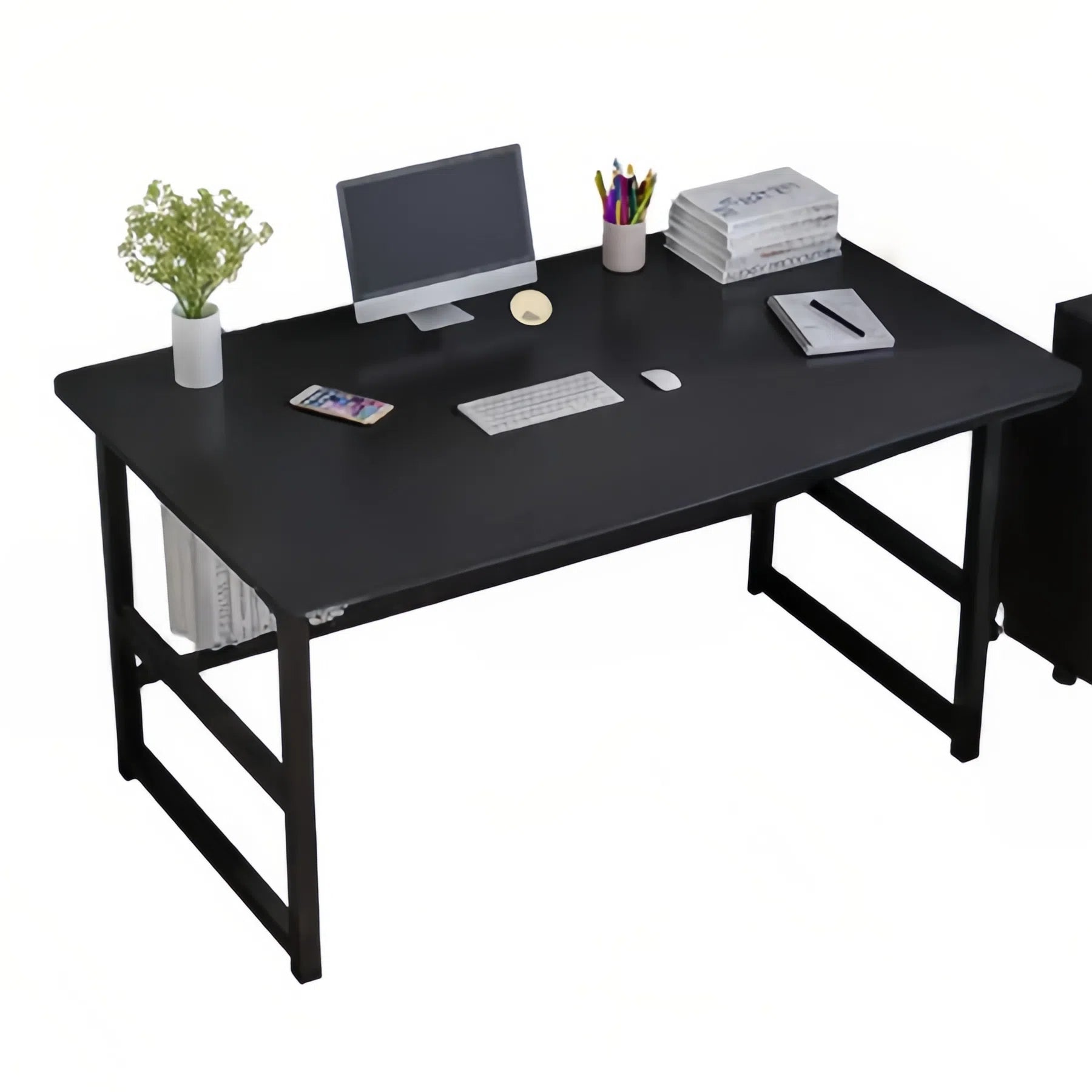 Two-Tier Study Desk with Fixed Top – Black MDF Table with Rounded Corners and Sturdy Powder-Coated Steel Frame