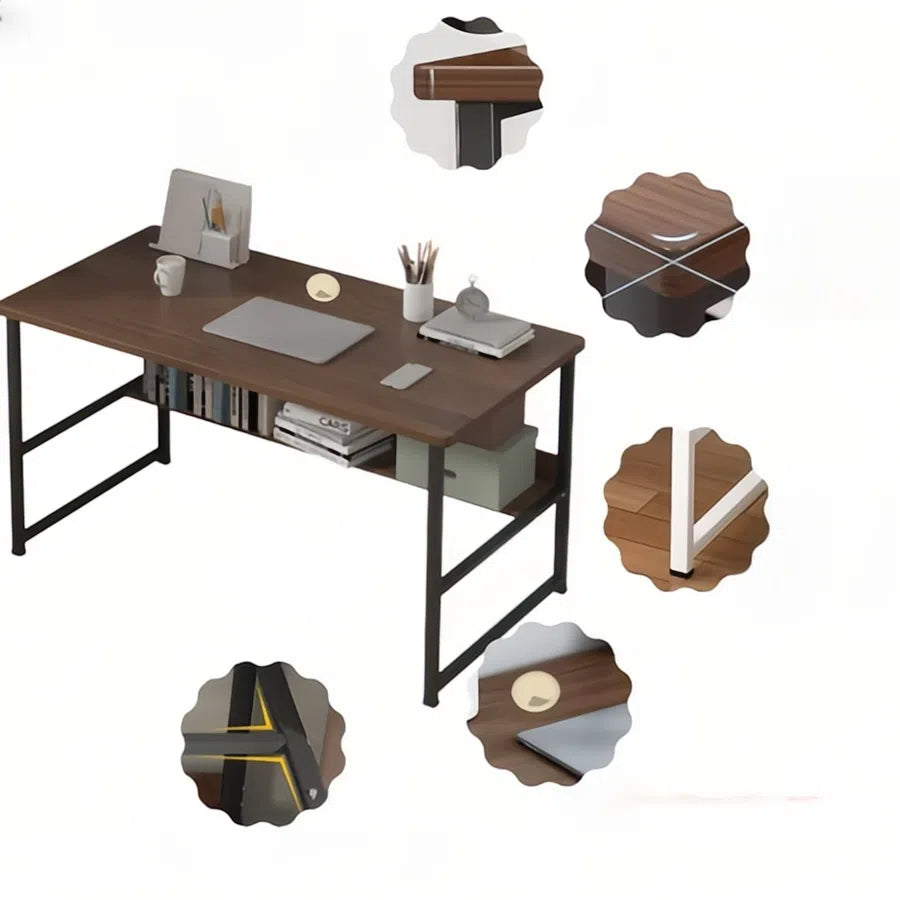 Two-Tier Study Desk with Fixed Top – Black MDF Table with Rounded Corners and Sturdy Powder-Coated Steel Frame