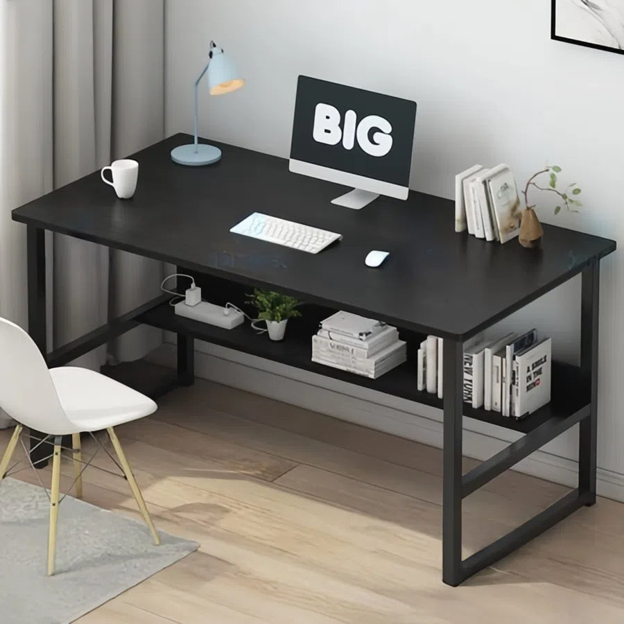 Two-Tier Study Desk with Fixed Top – Black MDF Table with Rounded Corners and Sturdy Powder-Coated Steel Frame