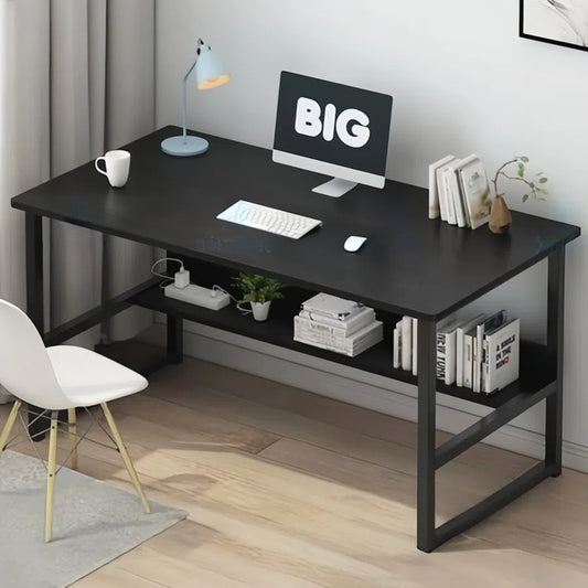 Two-Tier Study Desk with Fixed Top – Black MDF Table with Rounded Corners and Sturdy Powder-Coated Steel Frame
