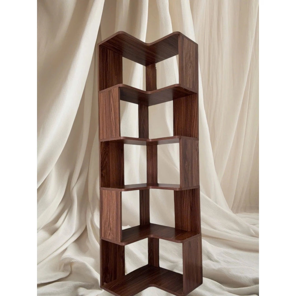 90-Degree Corner Wooden Bookshelf – 5-Tier Walnut Veneer Standing Storage Rack for Living Room or Office, 11 x 11 x 47.2 in (280 x 280 x 1200 mm)