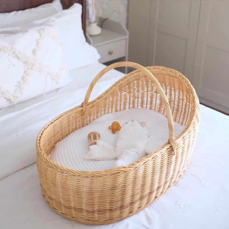 Handmade Rattan Baby Bassinet with Cushion – Natural Infant Crib with Handles (Ages 9–12 Months)