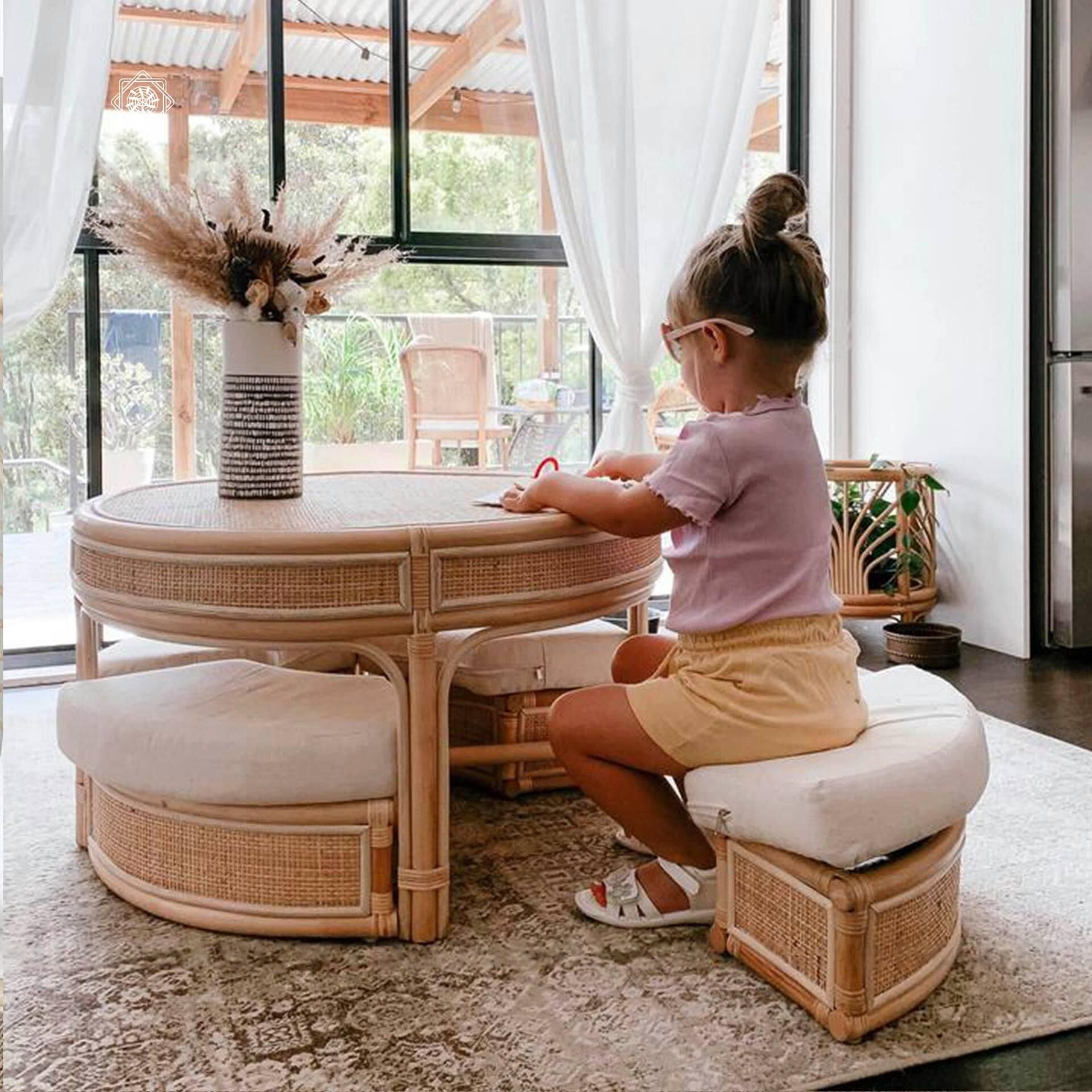 Handwoven Rattan Round Table with 4 Hidden Stools – Compact & Elegant Tea Set