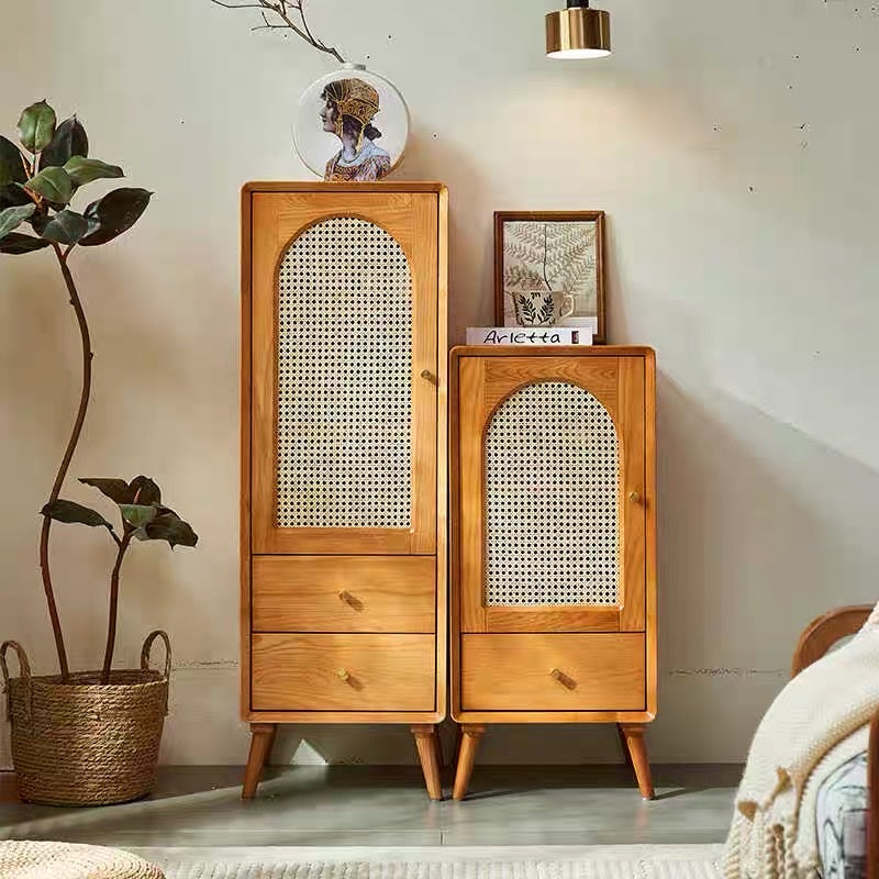 Two Piece Woodgrain Rattan Multi Purpose Cabinet Matching Set