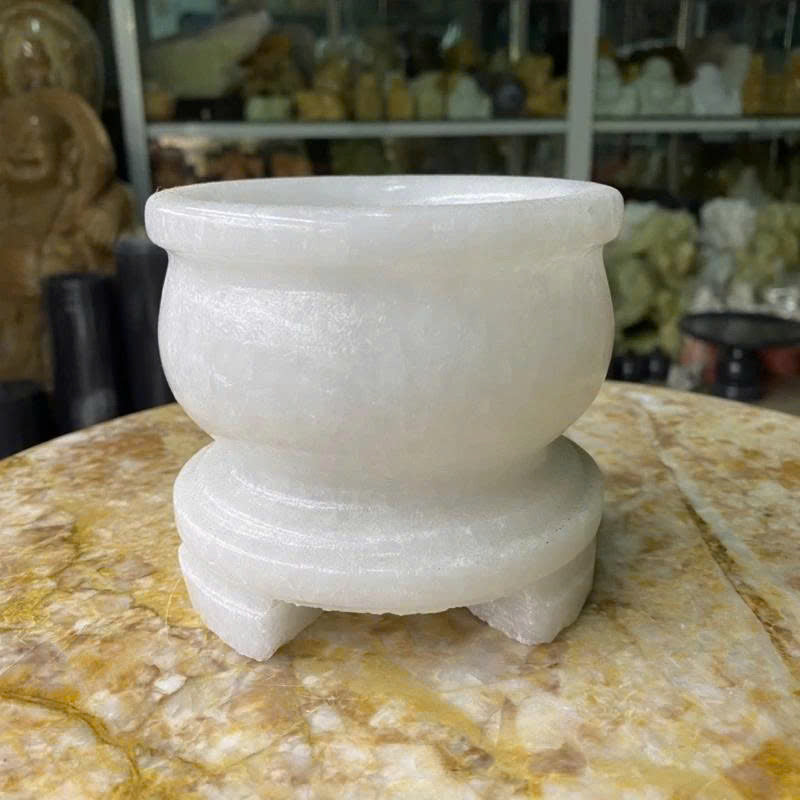 3.5" Natural White Marble Incense Burner - Round Stone Censer for Stick & Cone Incense - Zen Decor for Meditation, Altar, Home Fragrance, and Spa - Hand-Carved White Stone Bowl