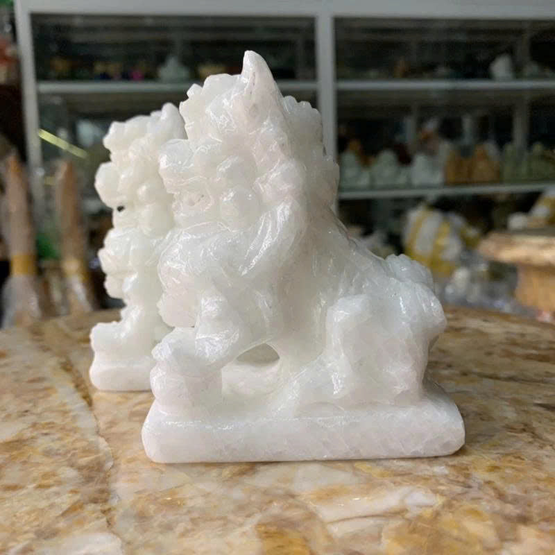 4" Natural White Marble Qilin Statues - Pair of Chinese Guardian Lions (Pi Yao) - Hand-Carved Stone Feng Shui Decor for Protection, Wealth, and Good Luck