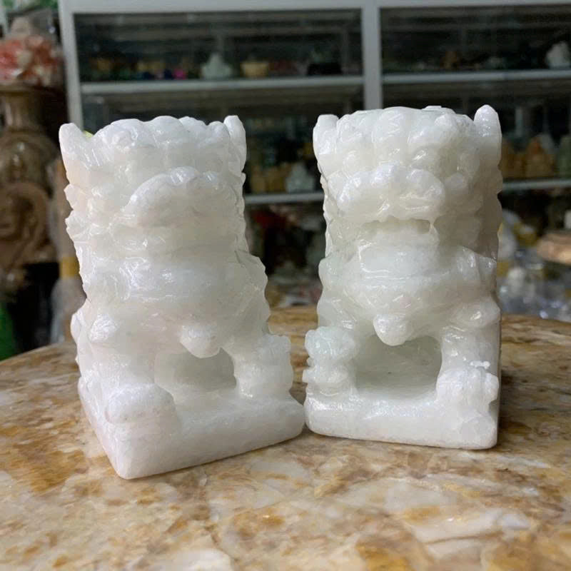 4" Natural White Marble Qilin Statues - Pair of Chinese Guardian Lions (Pi Yao) - Hand-Carved Stone Feng Shui Decor for Protection, Wealth, and Good Luck