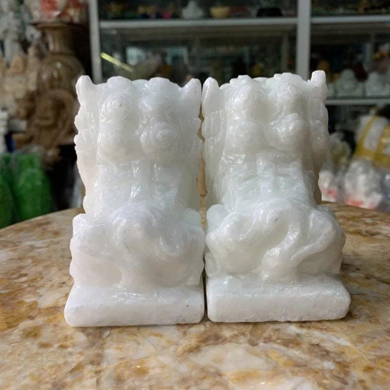 4" Natural White Marble Qilin Statues - Pair of Chinese Guardian Lions (Pi Yao) - Hand-Carved Stone Feng Shui Decor for Protection, Wealth, and Good Luck