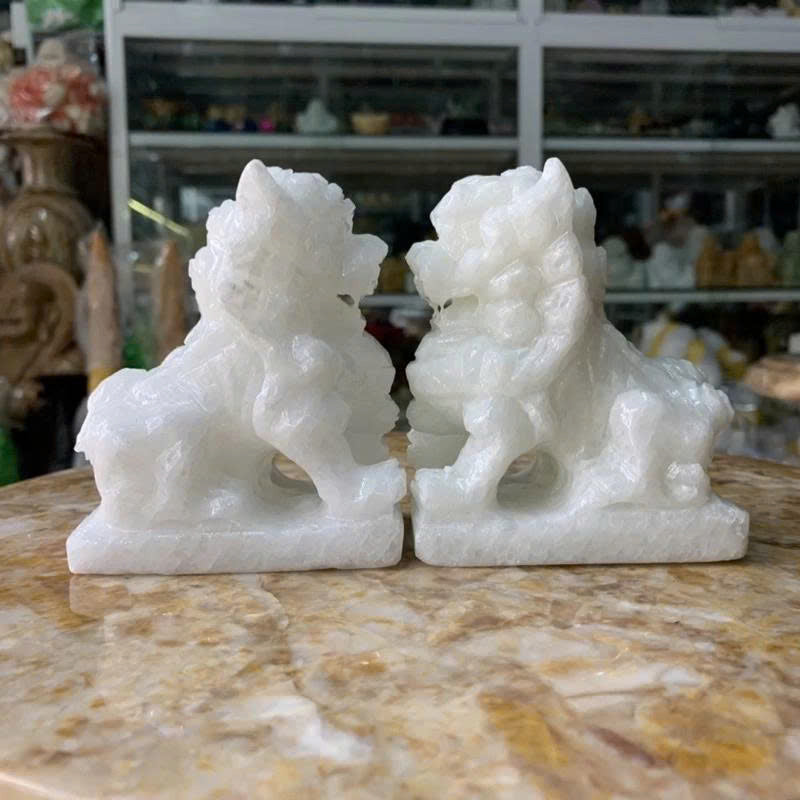 4" Natural White Marble Qilin Statues - Pair of Chinese Guardian Lions (Pi Yao) - Hand-Carved Stone Feng Shui Decor for Protection, Wealth, and Good Luck