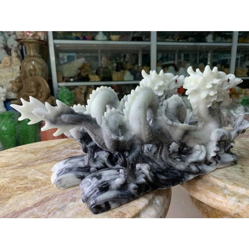 12" Twin Dragon Statues Holding Pearls - Hand-Cast Stone Imperial Dragon Sculpture - Feng Shui Guardian for Success, Power, and Protection - Ideal Home & Office Decor