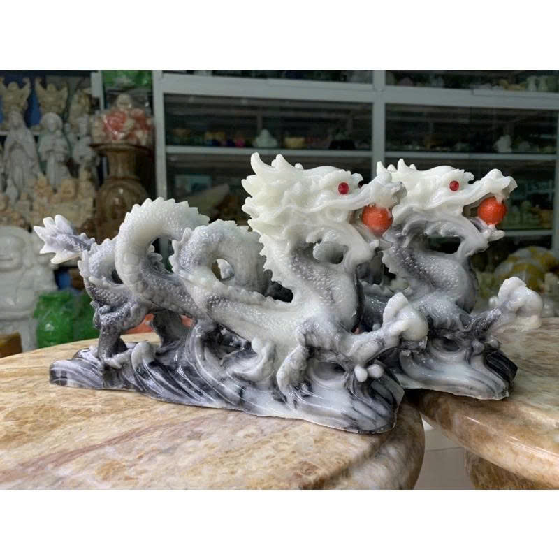 12" Twin Dragon Statues Holding Pearls - Hand-Cast Stone Imperial Dragon Sculpture - Feng Shui Guardian for Success, Power, and Protection - Ideal Home & Office Decor