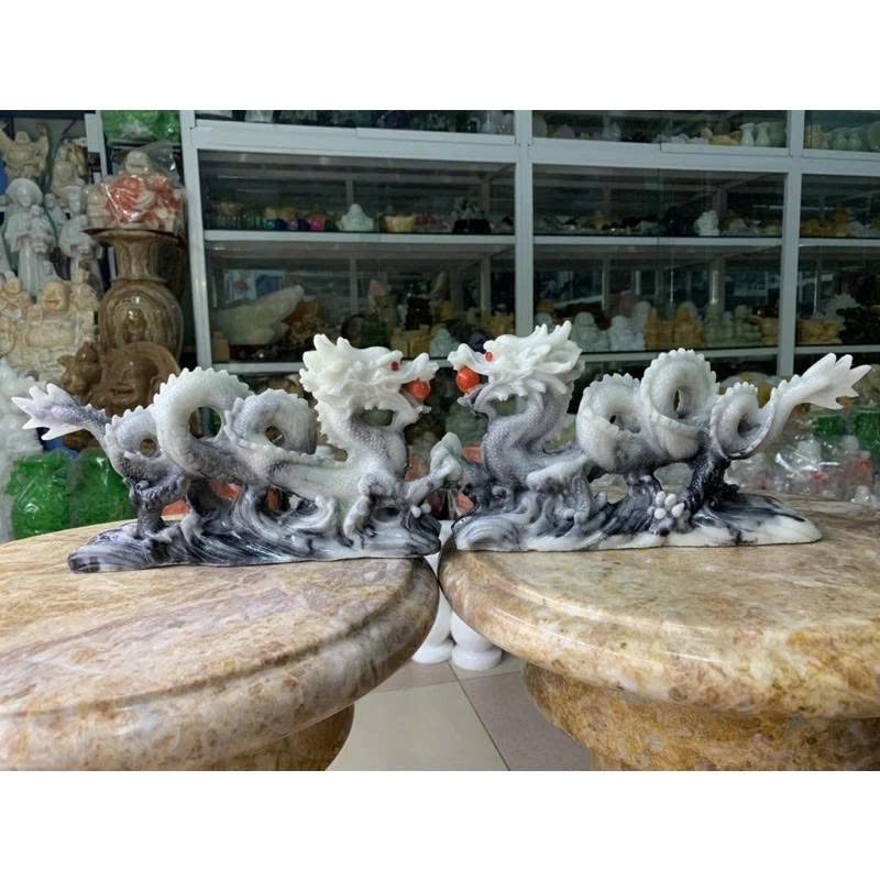 12" Twin Dragon Statues Holding Pearls - Hand-Cast Stone Imperial Dragon Sculpture - Feng Shui Guardian for Success, Power, and Protection - Ideal Home & Office Decor